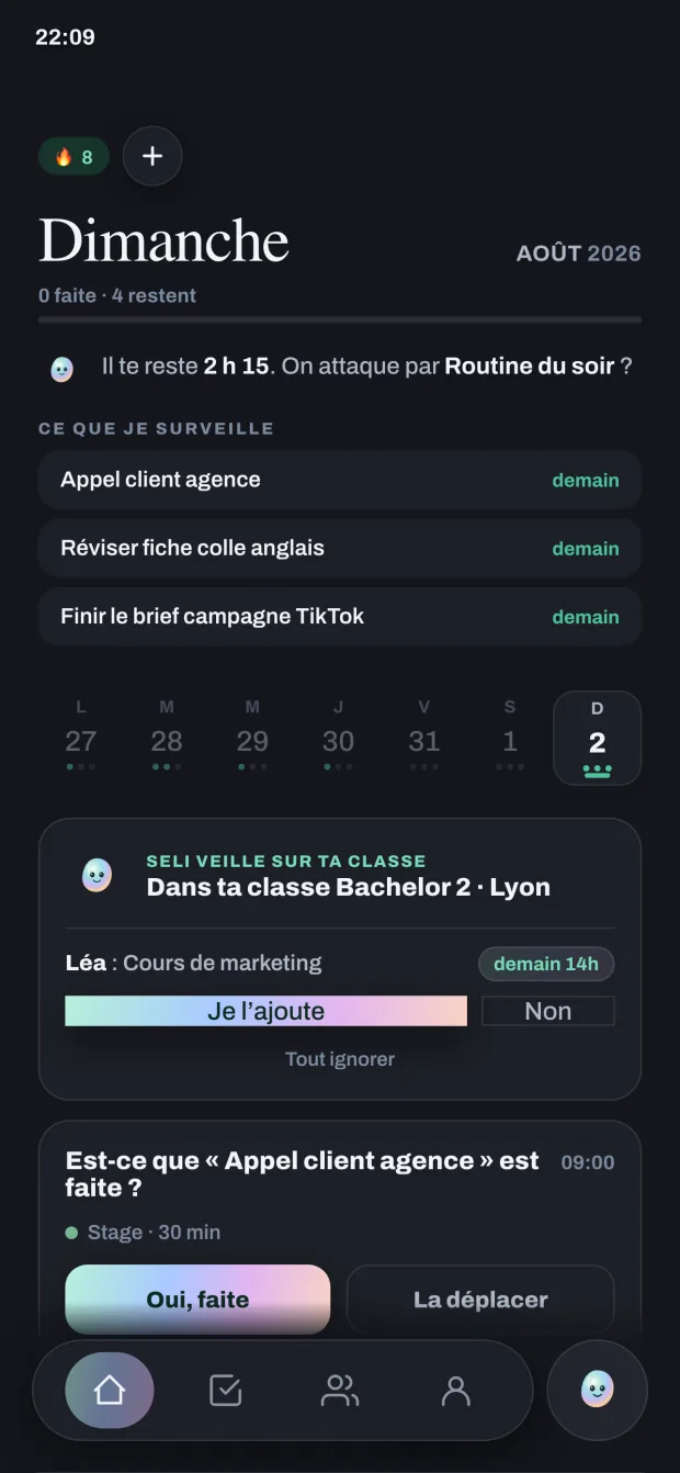 Écran d’accueil de Seliia avec la bande des sept jours et le fil de la journée.